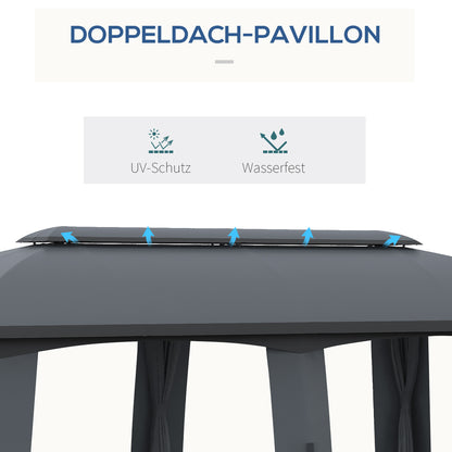 Pavilion, 3 x 6 m Party Tent with Double Roof, Garden Gazebo, Beer Tent with Mosquito Nets, for up to 15 People, for Yard, Galvanized Metal, Dark Gray