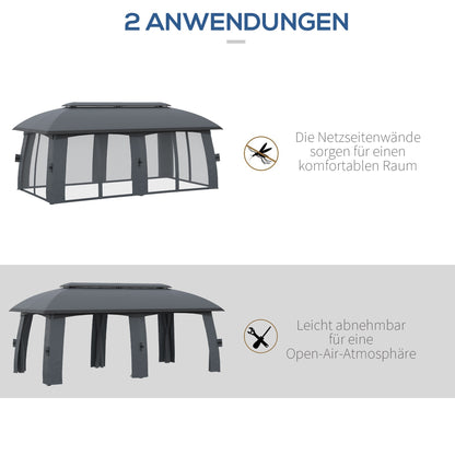 Pavilion, 3 x 6 m Party Tent with Double Roof, Garden Gazebo, Beer Tent with Mosquito Nets, for up to 15 People, for Yard, Galvanized Metal, Dark Gray