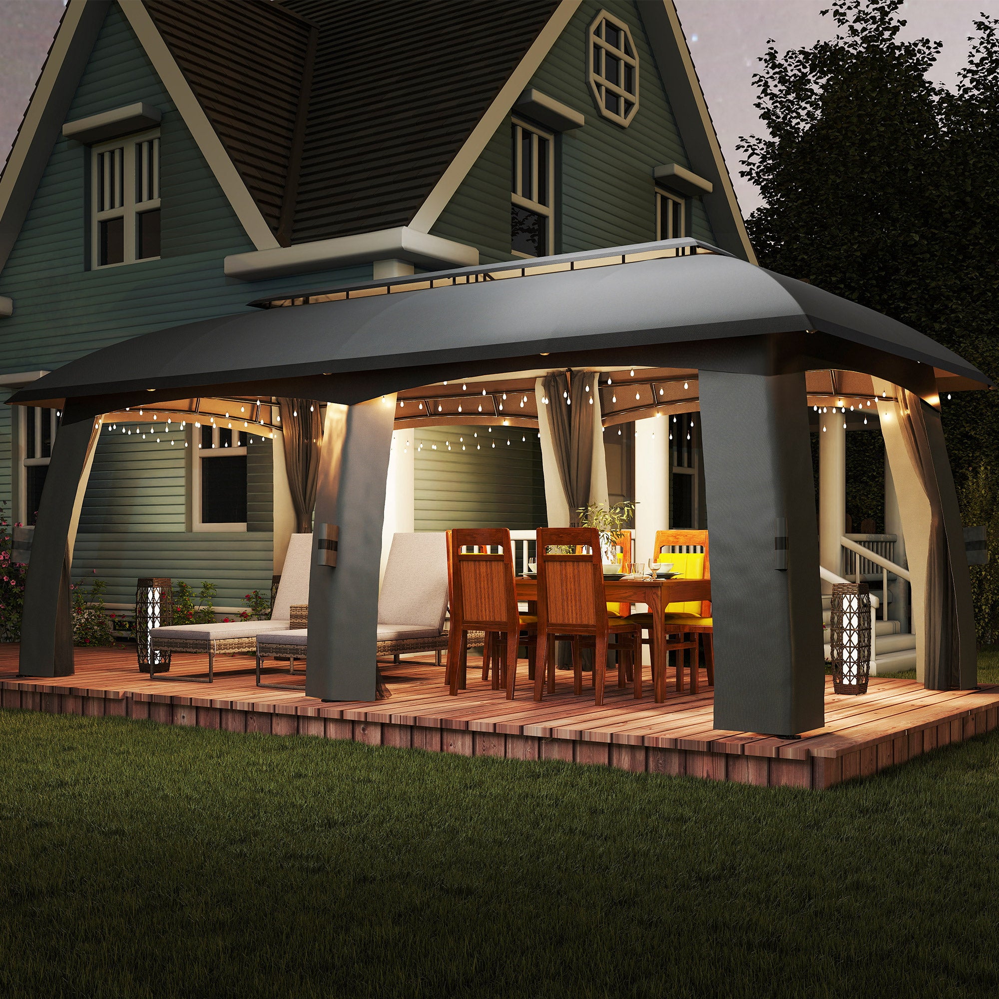 Pavilion, 3 x 6 m Party Tent with Double Roof, Garden Gazebo, Beer Tent with Mosquito Nets, for up to 15 People, for Yard, Galvanized Metal, Dark Gray