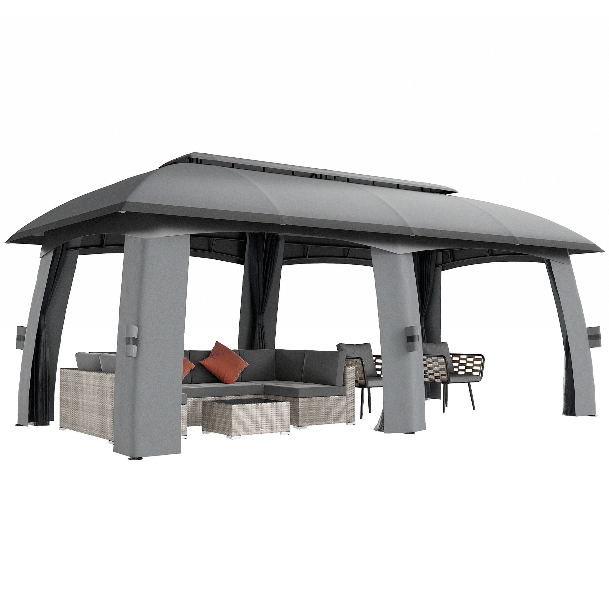 Pavilion, 3 x 6 m Party Tent with Double Roof, Garden Gazebo, Beer Tent with Mosquito Nets, for up to 15 People, for Yard, Galvanized Metal, Dark Gray