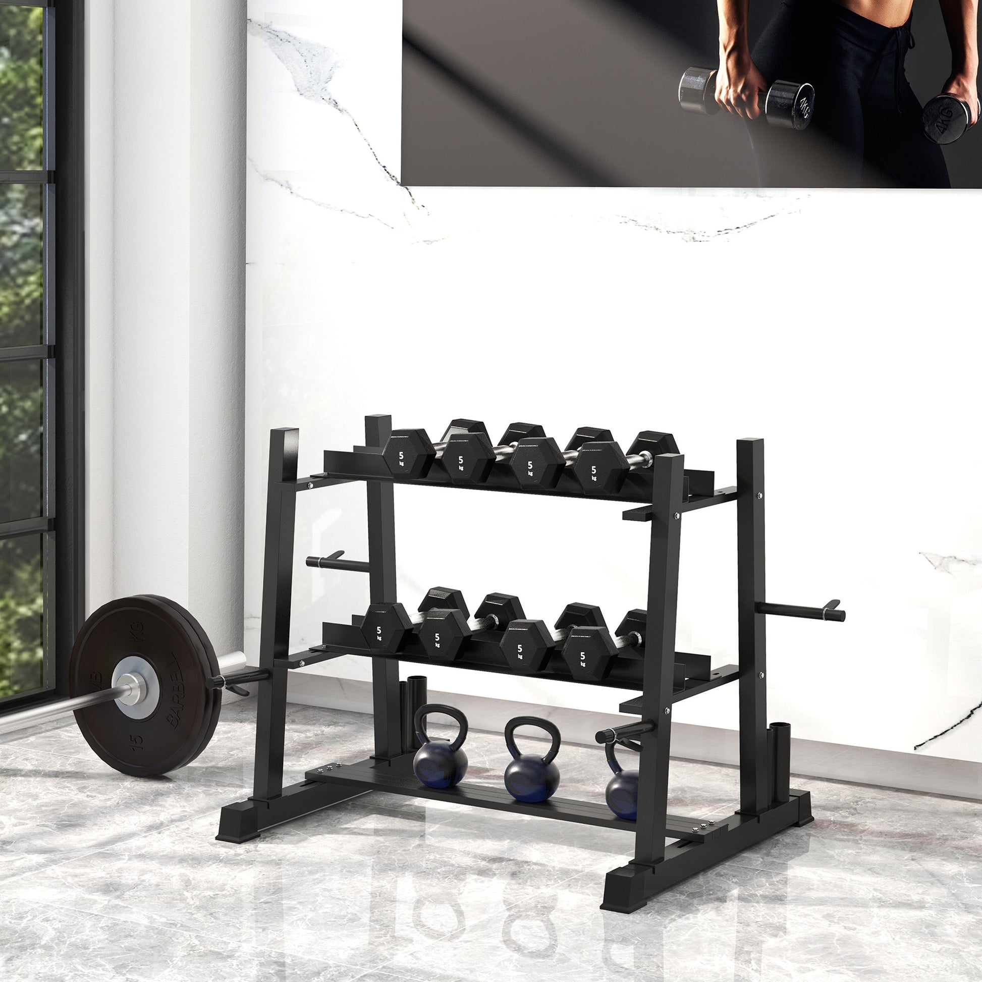 SPORTNOW Weight Rack, Dumbbell Rack with 3 Shelves, Weight Storage for Dumbbells, Kettlebells, up to 200 kg Capacity, Steel, Black, 131 x 75 x 80 cm