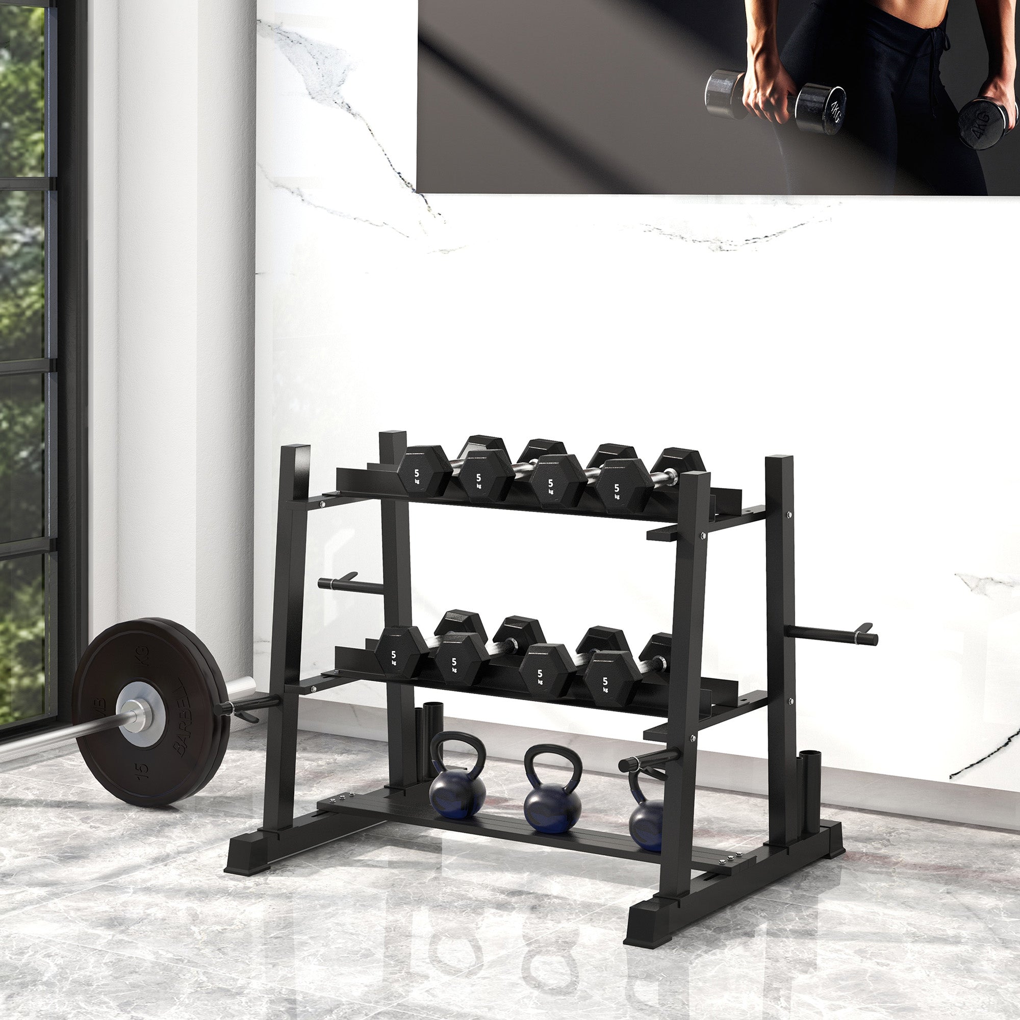 SPORTNOW Weight Rack, Dumbbell Rack with 3 Shelves, Weight Storage for Dumbbells, Kettlebells, up to 200 kg Capacity, Steel, Black, 131 x 75 x 80 cm