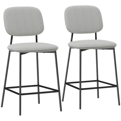 Set of 2 Bar Stools High Kitchen Stools with Backrest and Footrest Upholstered in Velvet Steel Frame Modern High Stools for Kitchen Counter Light Gray