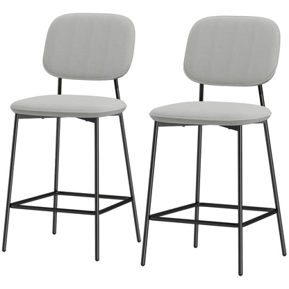 Set of 2 Bar Stools High Kitchen Stools with Backrest and Footrest Upholstered in Velvet Steel Frame Modern High Stools for Kitchen Counter Light Gray
