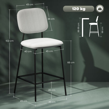 Set of 2 Bar Stools High Kitchen Stools with Backrest and Footrest Upholstered in Velvet Steel Frame Modern High Stools for Kitchen Counter Light Gray