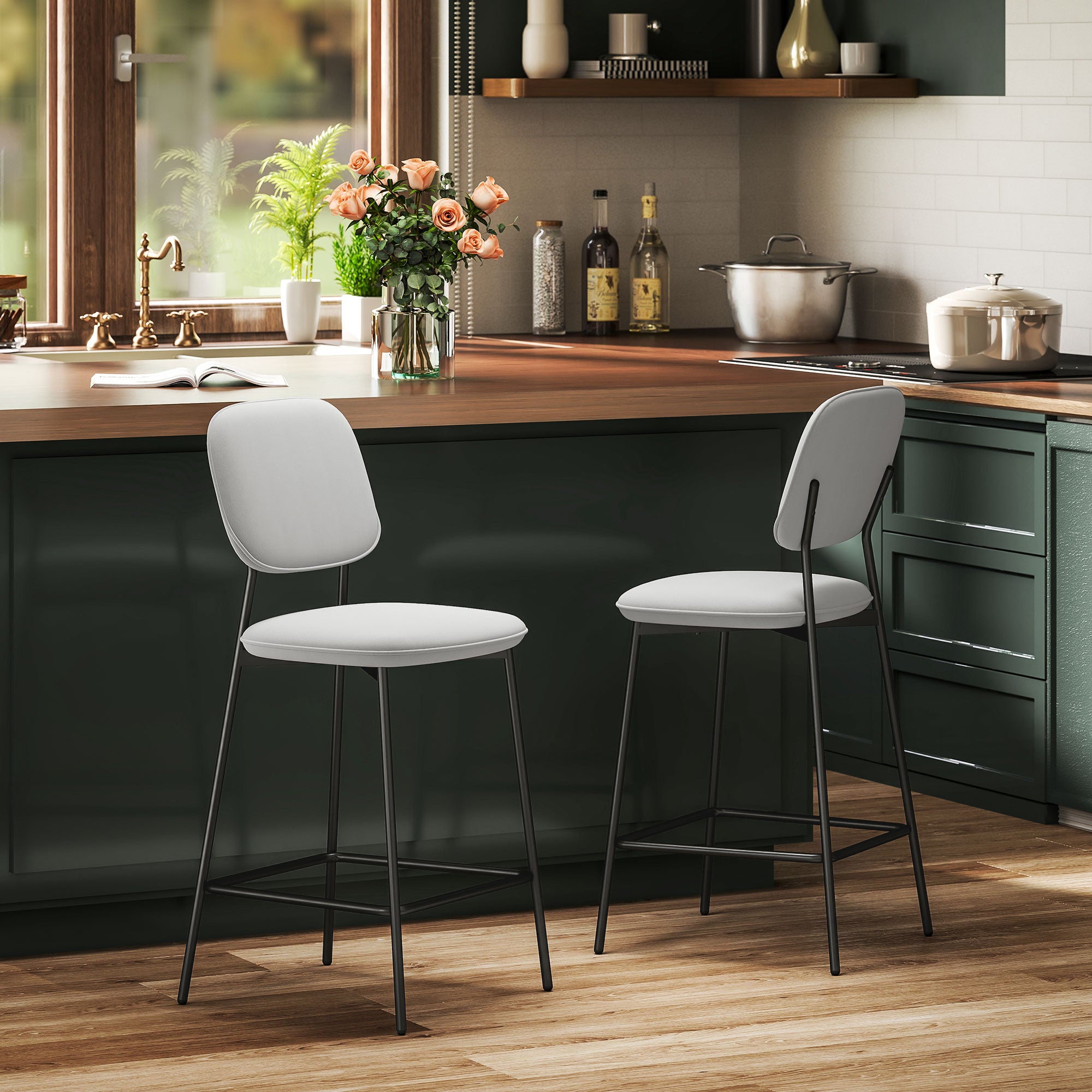 Set of 2 Bar Stools High Kitchen Stools with Backrest and Footrest Upholstered in Velvet Steel Frame Modern High Stools for Kitchen Counter Light Gray