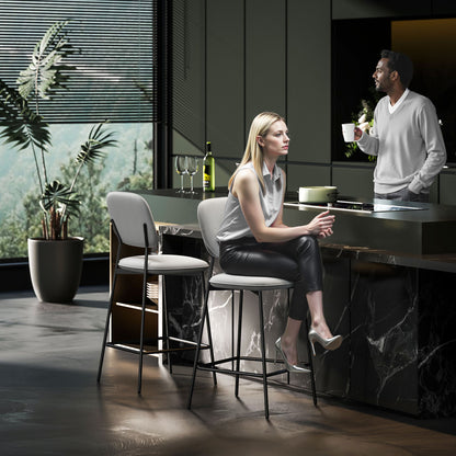 Set of 2 Bar Stools High Kitchen Stools with Backrest and Footrest Upholstered in Velvet Steel Frame Modern High Stools for Kitchen Counter Light Gray