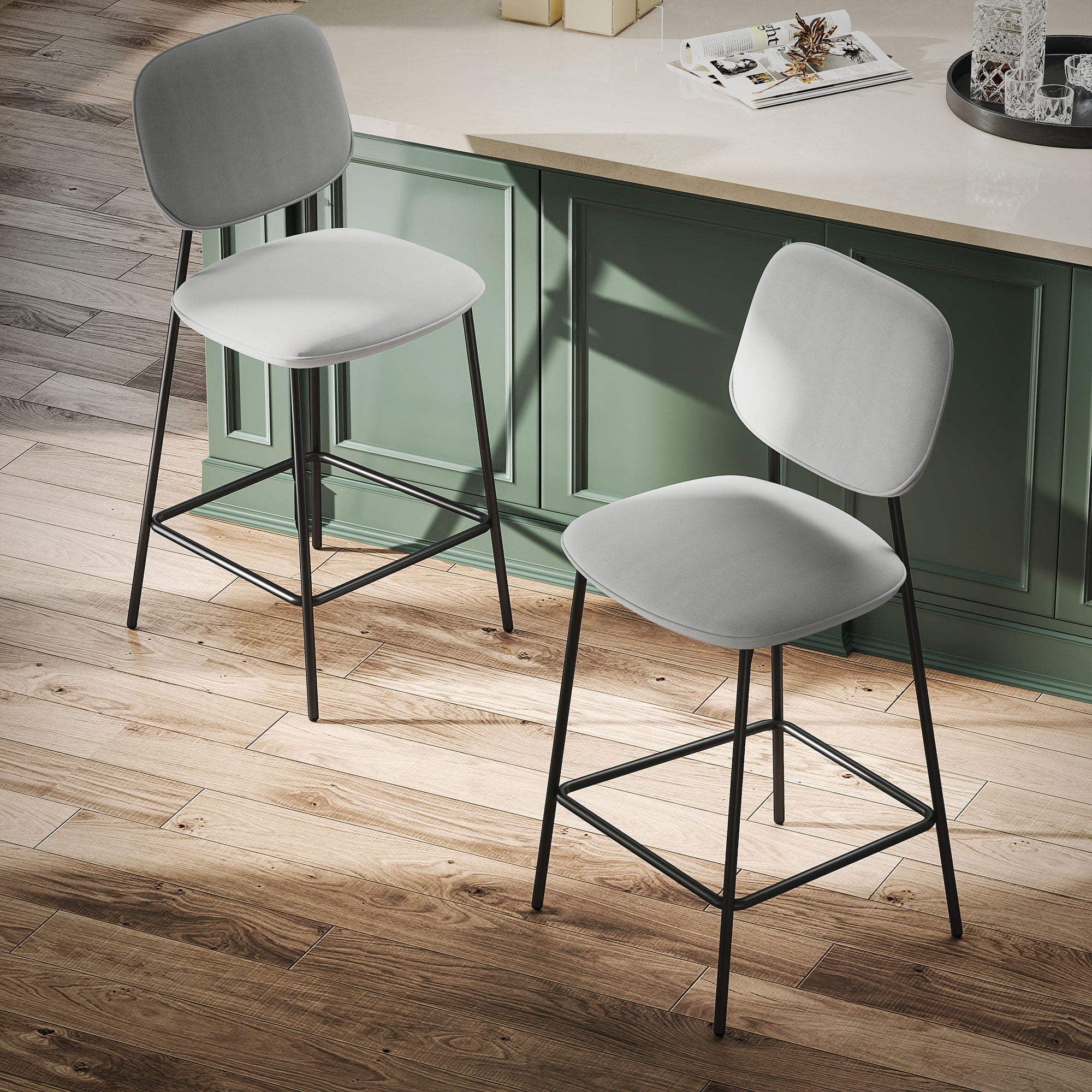 Set of 2 Bar Stools High Kitchen Stools with Backrest and Footrest Upholstered in Velvet Steel Frame Modern High Stools for Kitchen Counter Light Gray