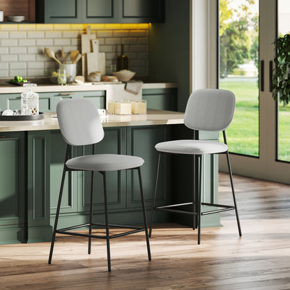 Set of 2 Bar Stools High Kitchen Stools with Backrest and Footrest Upholstered in Velvet Steel Frame Modern High Stools for Kitchen Counter Light Gray