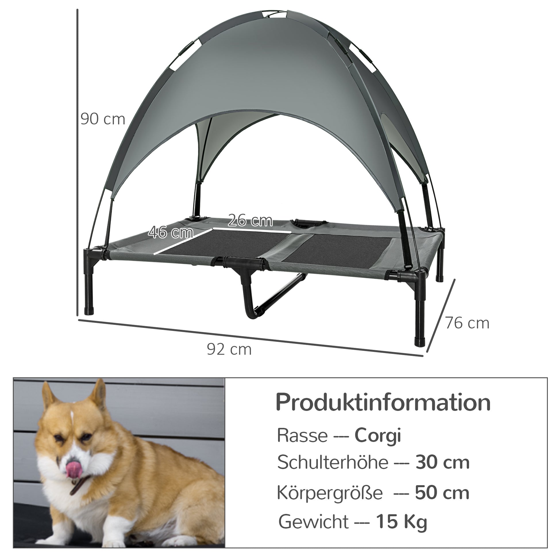 Elevated Dog Bed with Canopy, Pet Bed, Outdoor Dog Lounger with Roof, Breathable, Taft Fabric for Camping Gray 92 x 76 x 90 cm