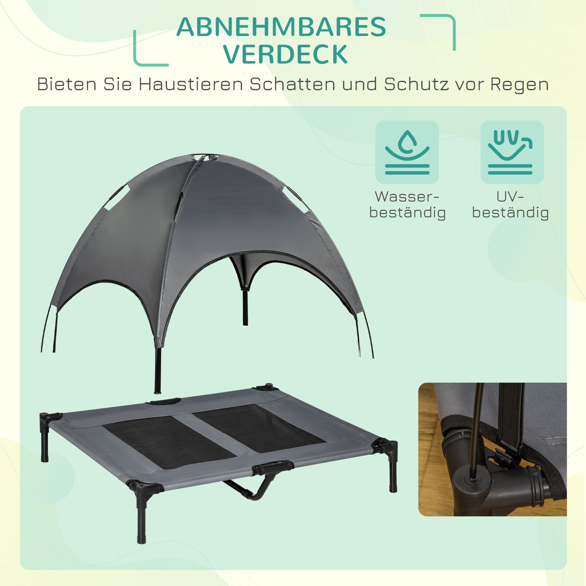 Elevated Dog Bed with Canopy, Pet Bed, Outdoor Dog Lounger with Roof, Breathable, Taft Fabric for Camping Gray 92 x 76 x 90 cm