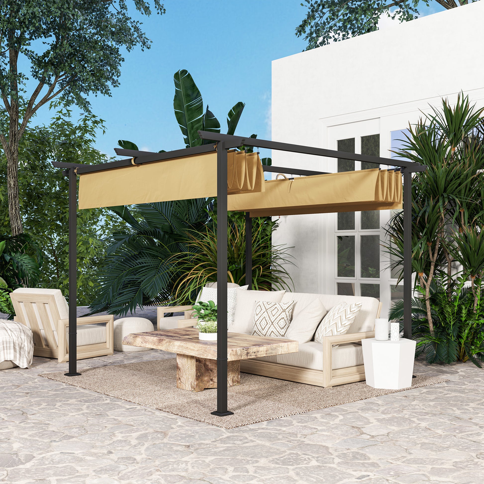 Pergola 3x3m Garden Pavilion Terraced Roofing made of Metal, Garden Pavilion with Adjustable Sunroof, UV Protection 30+ Freestanding Sun Protection for Terrace and Garden, Beige