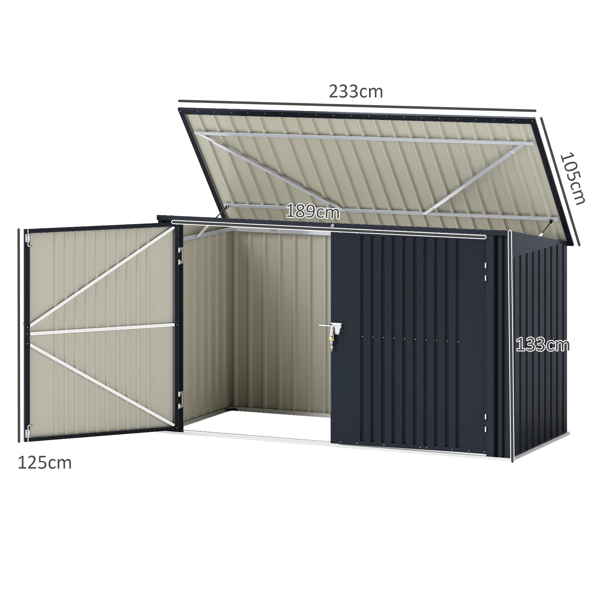 Outdoor Trash Can Cover for 3 240L Bins, 233x105 cm Waste Bin Container with 2 Doors and Locks, 2.3m² Outdoor Shed, Bin Box in Steel, Grey