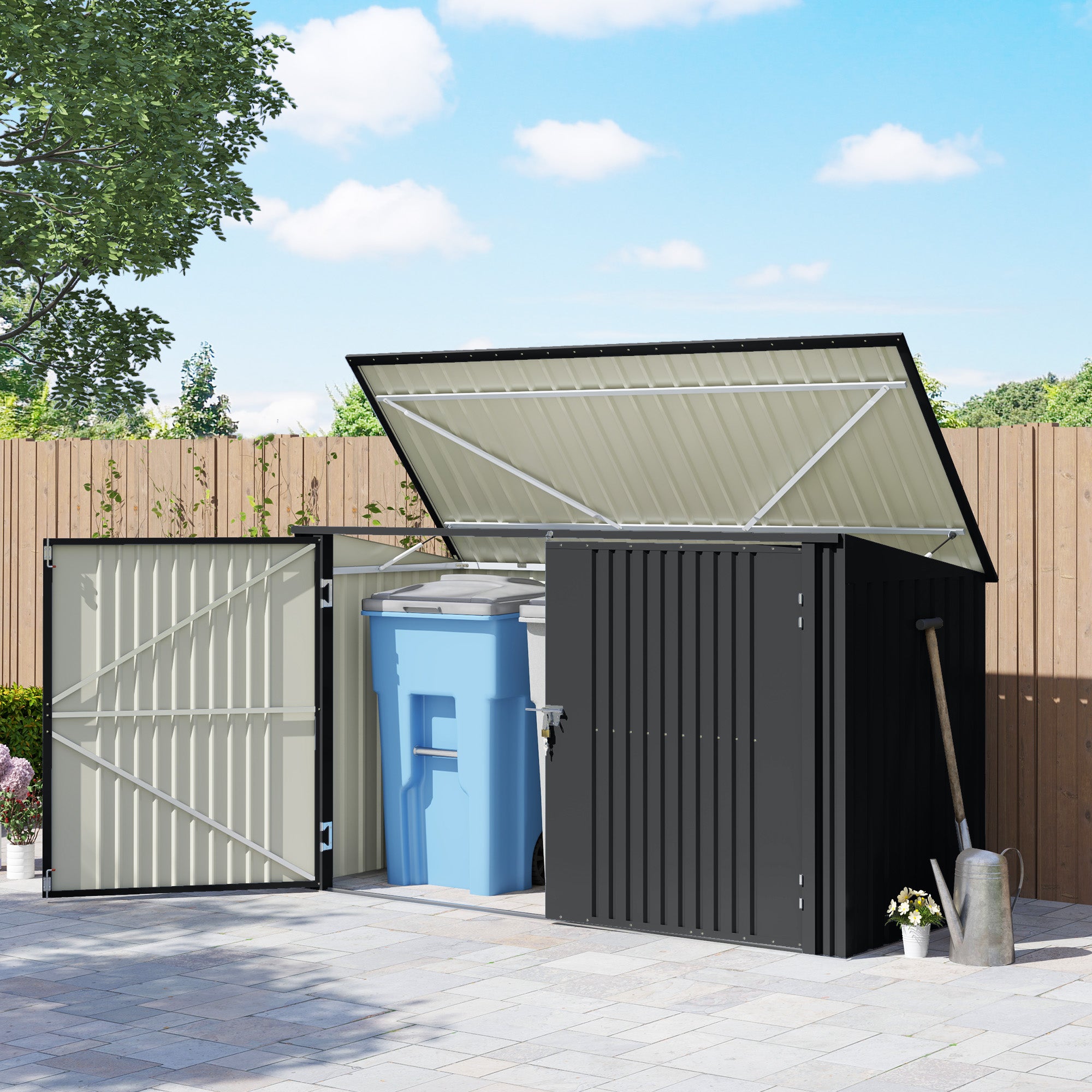 Outdoor Trash Can Cover for 3 240L Bins, 233x105 cm Waste Bin Container with 2 Doors and Locks, 2.3m² Outdoor Shed, Bin Box in Steel, Grey