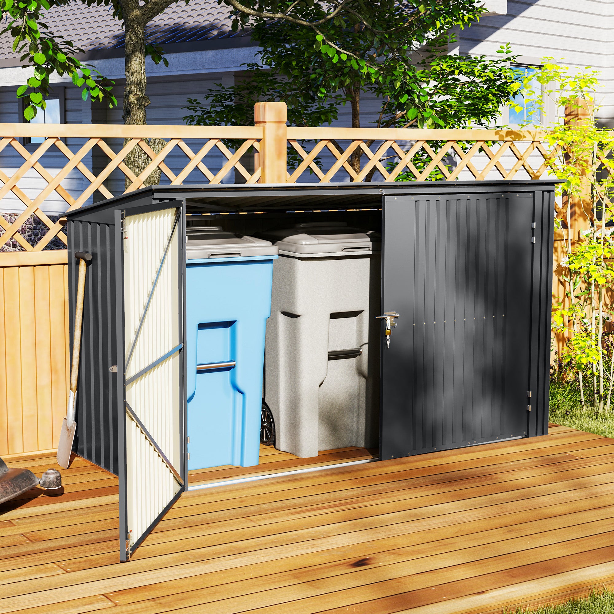 Outdoor Trash Can Cover for 3 240L Bins, 233x105 cm Waste Bin Container with 2 Doors and Locks, 2.3m² Outdoor Shed, Bin Box in Steel, Grey