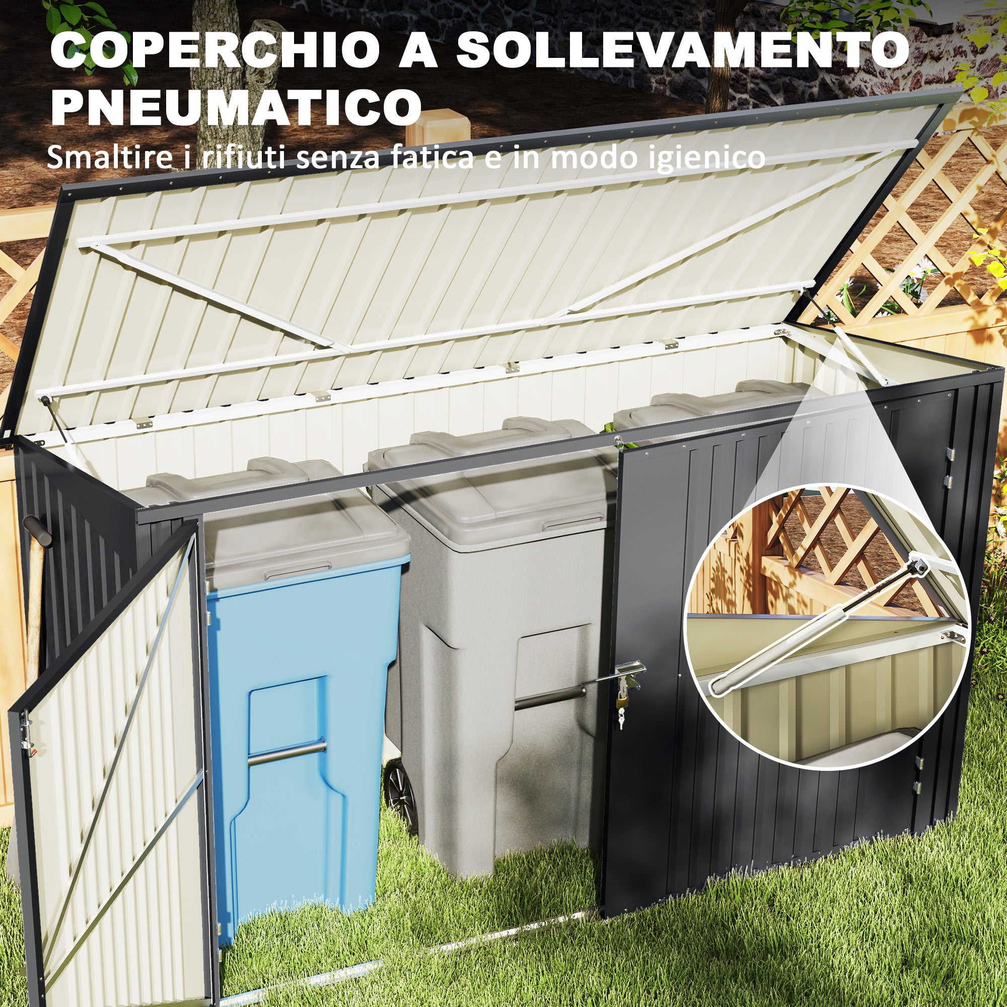 Outdoor Trash Can Cover for 3 240L Bins, 233x105 cm Waste Bin Container with 2 Doors and Locks, 2.3m² Outdoor Shed, Bin Box in Steel, Grey