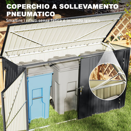 Outdoor Trash Can Cover for 3 240L Bins, 233x105 cm Waste Bin Container with 2 Doors and Locks, 2.3m² Outdoor Shed, Bin Box in Steel, Grey