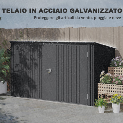 Outdoor Trash Can Cover for 3 240L Bins, 233x105 cm Waste Bin Container with 2 Doors and Locks, 2.3m² Outdoor Shed, Bin Box in Steel, Grey