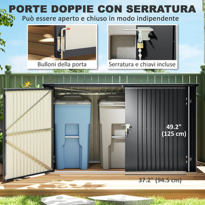 Outdoor Trash Can Cover for 3 240L Bins, 233x105 cm Waste Bin Container with 2 Doors and Locks, 2.3m² Outdoor Shed, Bin Box in Steel, Grey