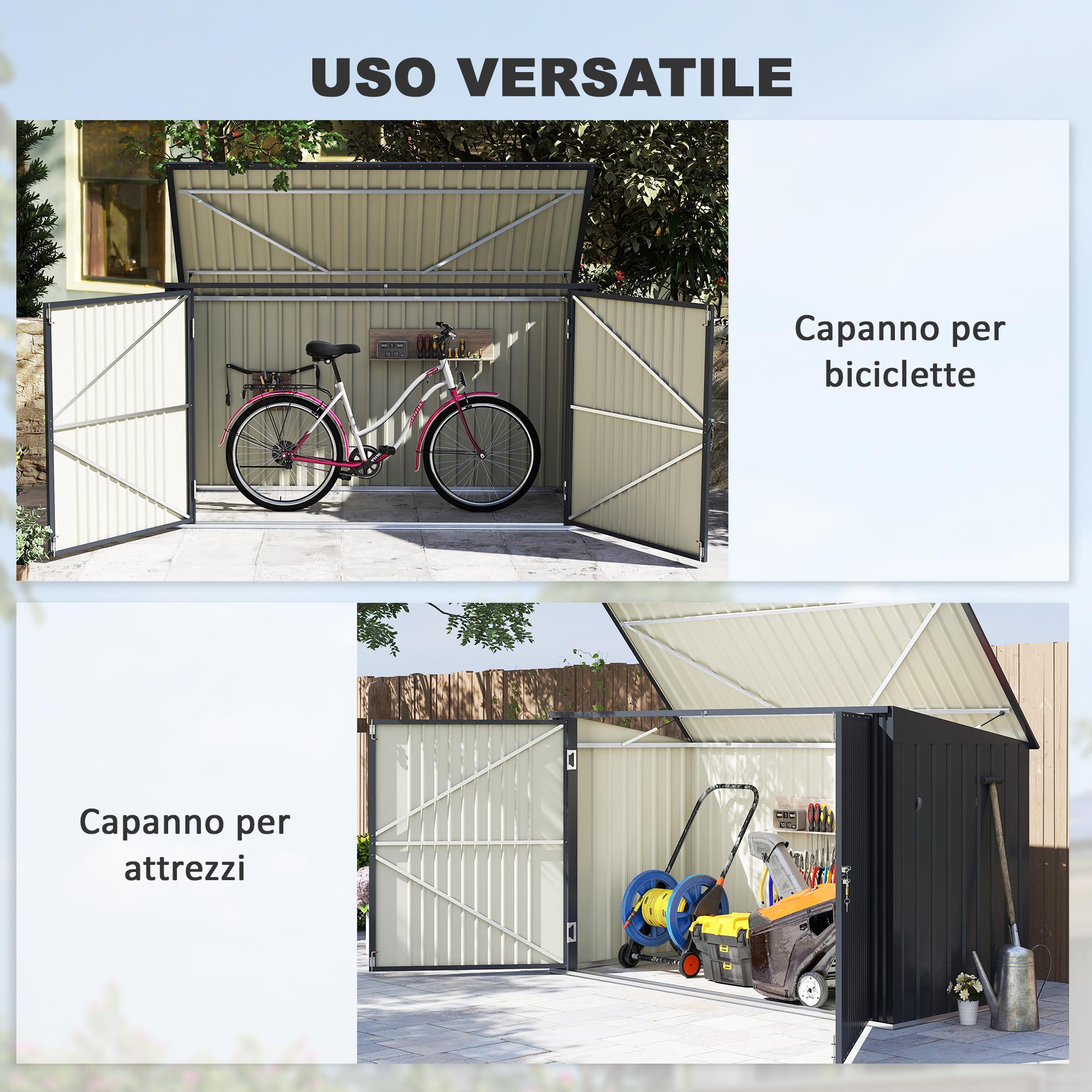 Outdoor Trash Can Cover for 3 240L Bins, 233x105 cm Waste Bin Container with 2 Doors and Locks, 2.3m² Outdoor Shed, Bin Box in Steel, Grey