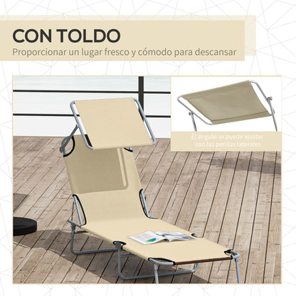 Foldable Lounger Outdoor Garden Recliner with Removable Adjustable Canopy Backrest Adjustable in 4 Levels for Terrace Pool Patio 187x58x36 cm Beige