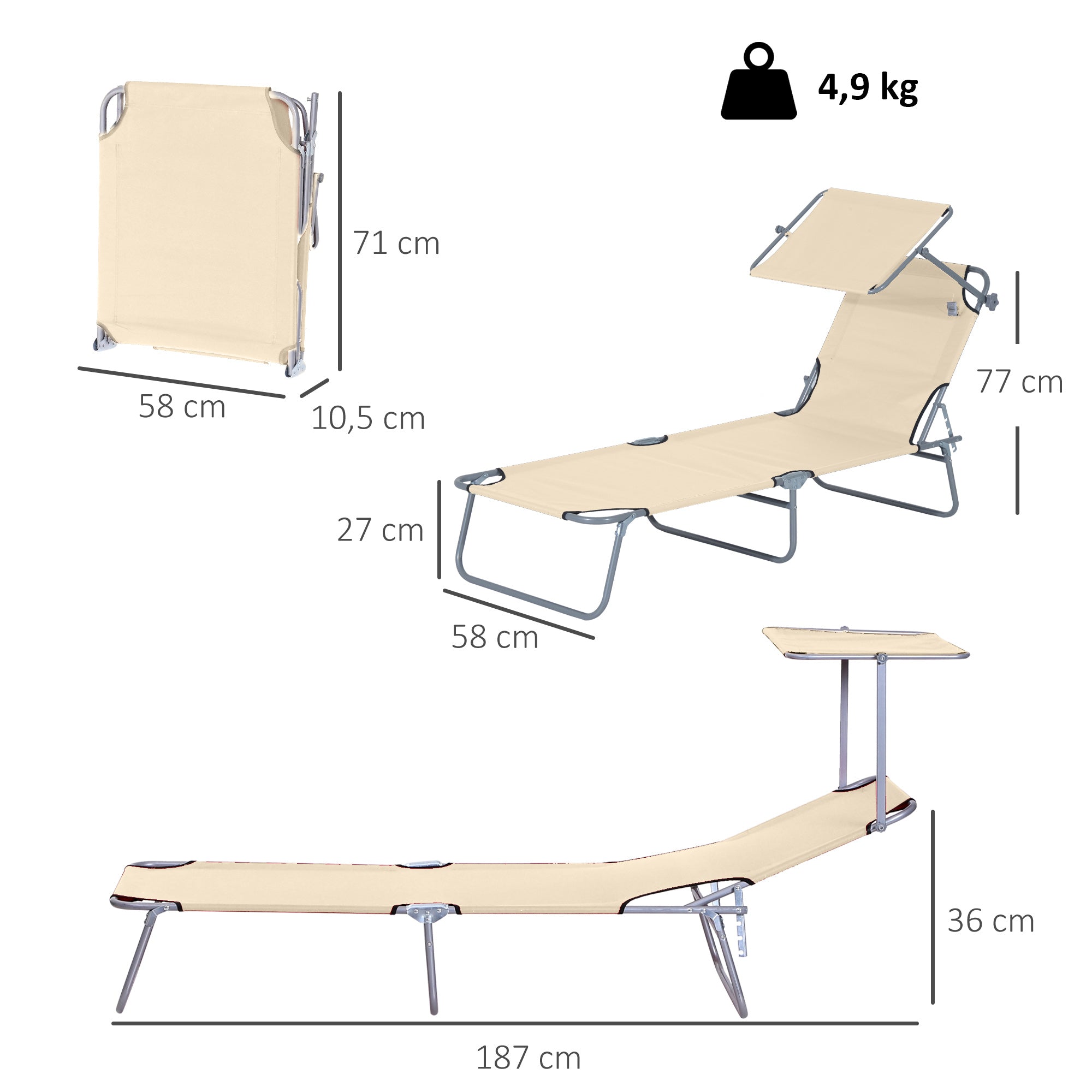 Foldable Lounger Outdoor Garden Recliner with Removable Adjustable Canopy Backrest Adjustable in 4 Levels for Terrace Pool Patio 187x58x36 cm Beige