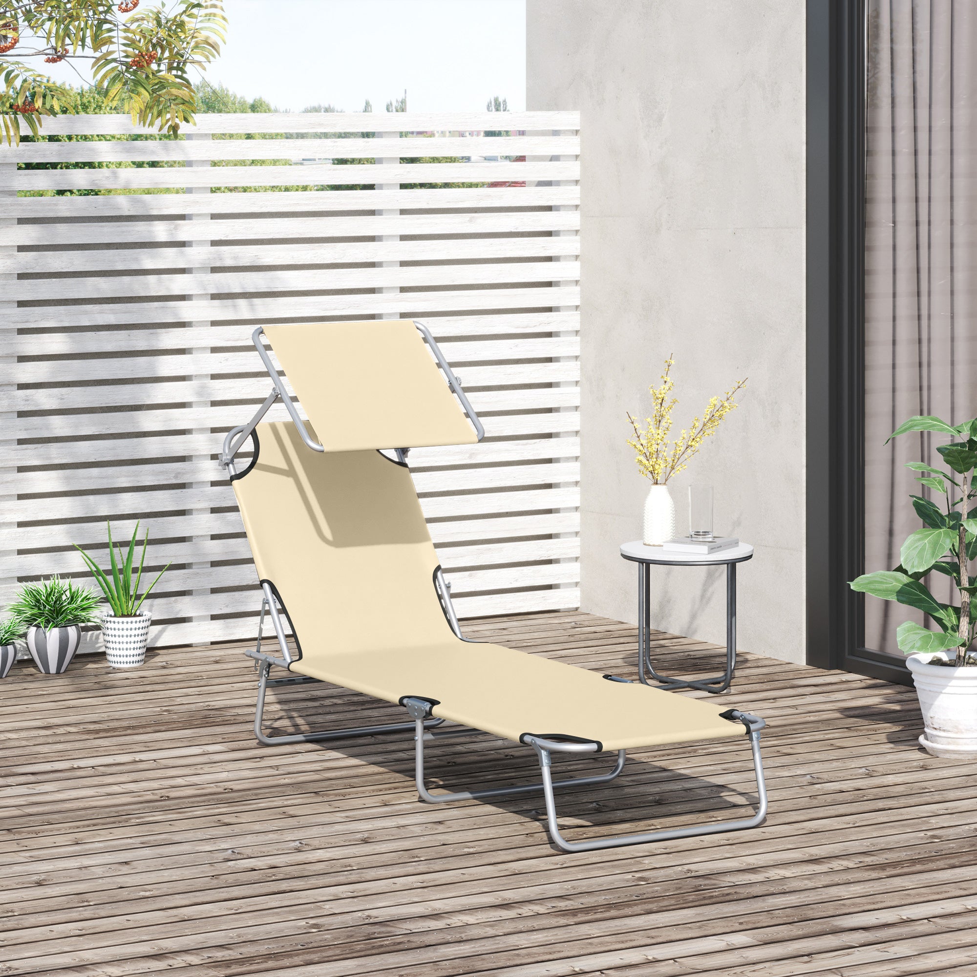 Foldable Lounger Outdoor Garden Recliner with Removable Adjustable Canopy Backrest Adjustable in 4 Levels for Terrace Pool Patio 187x58x36 cm Beige