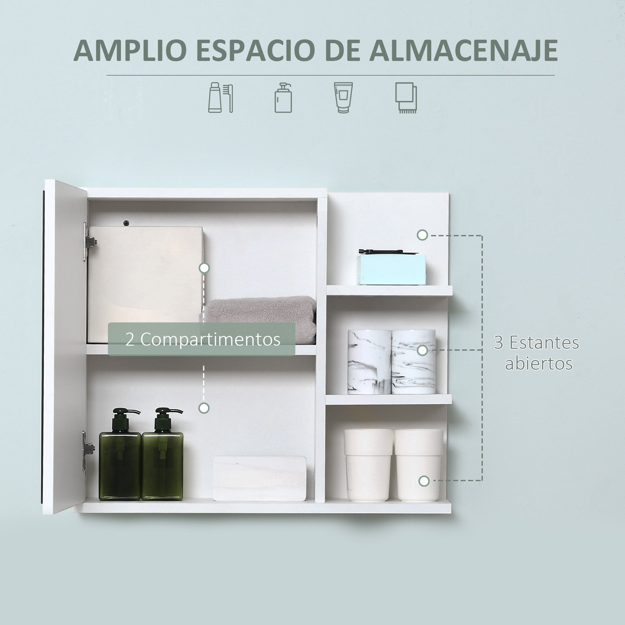 Bathroom Cabinet with Mirror Bathroom Mirror Cabinet with 3 Open Shelves and 1 Interior Shelf Modern Style 60x18x50 cm White