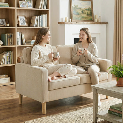 2-Seater Corduroy Loveseat with Under-Seat Storage & 2 Throw Pillows, Solid Wood Legs — Beige (46.1" x 24.8" x 31.1")