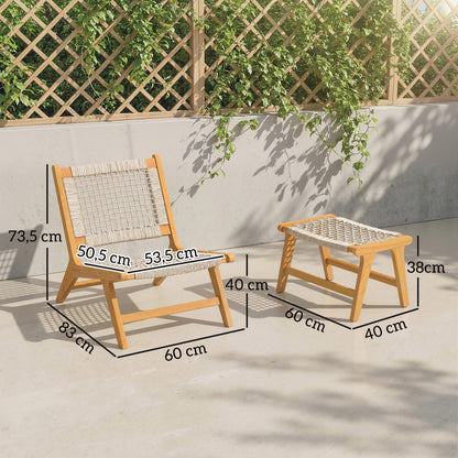 2-Piece Acacia Wood Outdoor Lounge Chair with Ottoman – FSC-Certified, Polyrattan Rattan Seat, Boho Style, Adjustable Feet, Beige (350 lb)