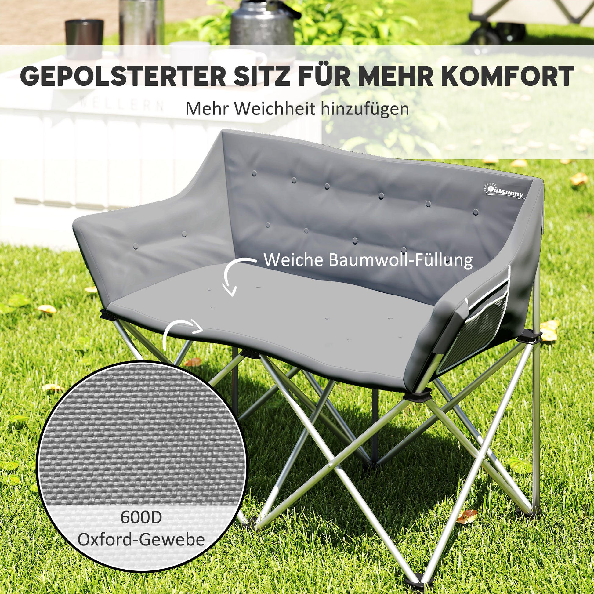 Folding Chair 2 Seater Foldable Camping Chair with Armrests Side Pocket Outdoor Folding Chair up to 240kg Load-bearing Lightly Padded Fishing Chair Garden Chair for Garden Camping Beach