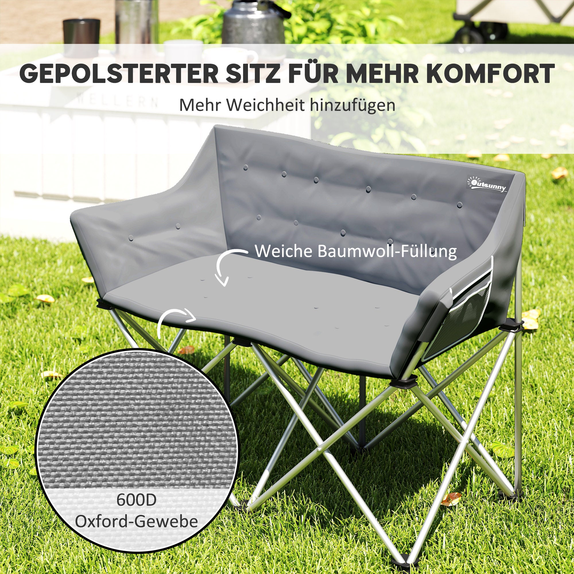 Folding Chair 2 Seater Foldable Camping Chair with Armrests Side Pocket Outdoor Folding Chair up to 240kg Load-bearing Lightly Padded Fishing Chair Garden Chair for Garden Camping Beach