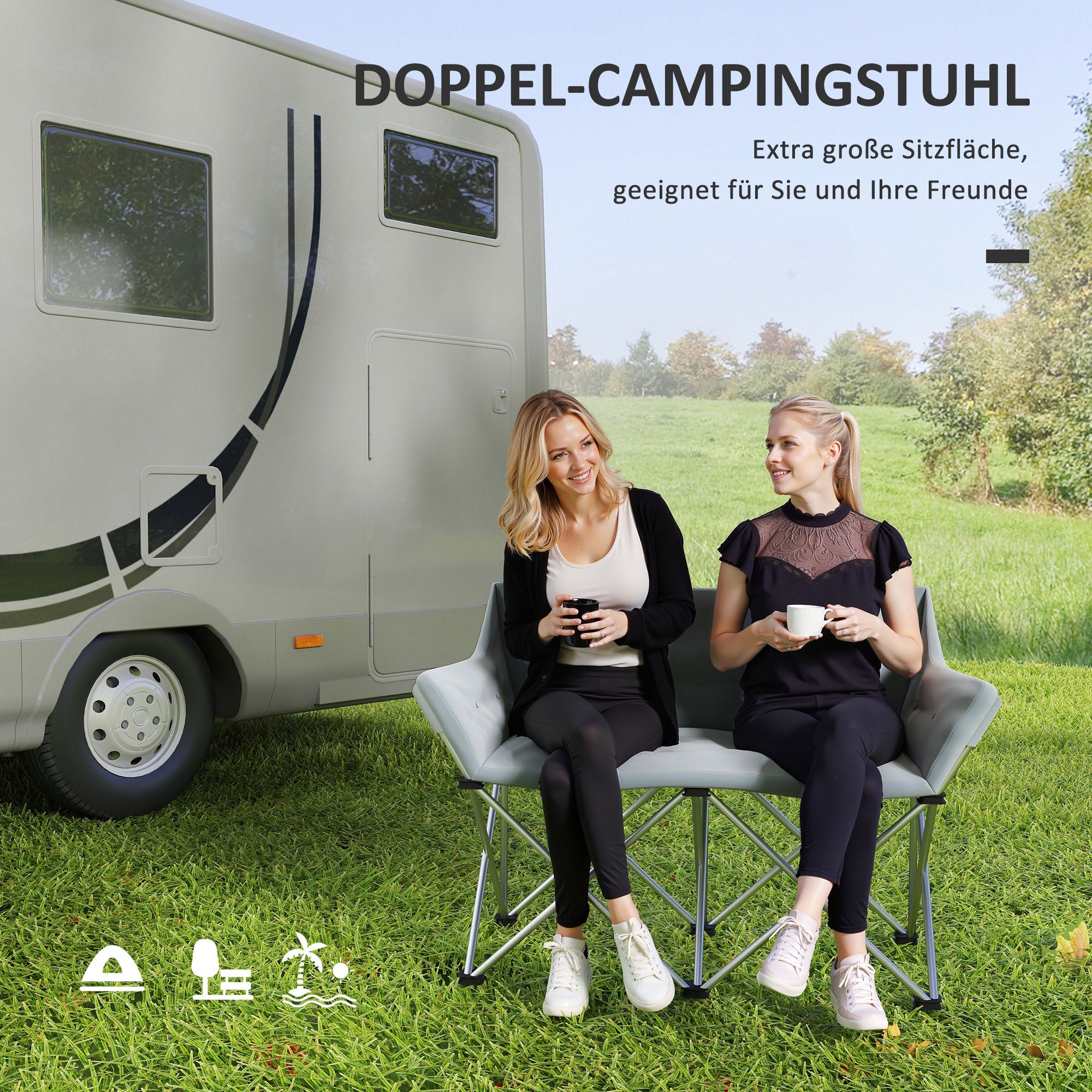 Folding Chair 2 Seater Foldable Camping Chair with Armrests Side Pocket Outdoor Folding Chair up to 240kg Load-bearing Lightly Padded Fishing Chair Garden Chair for Garden Camping Beach