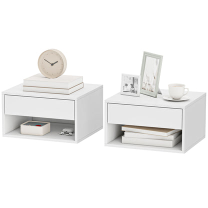 Set of 2 Wall-Mounted Nightstands – Floating Nightstands with Sliding Drawer, Open Compartment & Top Shelf, Modern Style, 37 x 32 x 21 cm (14.6 x 12.6 x 8.3 in), White