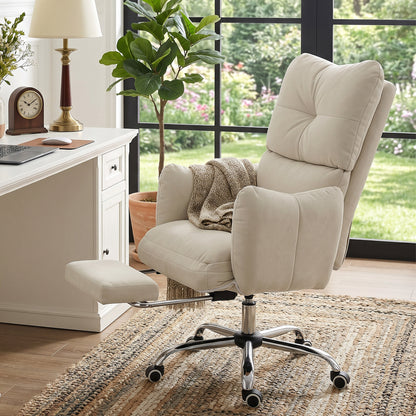 Ergonomic Office Chair with Footrest — Snow-White Flannel, Thick Padding, High Back, Height Adjustable, Cream White