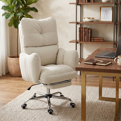 Ergonomic Office Chair with Footrest — Snow-White Flannel, Thick Padding, High Back, Height Adjustable, Cream White