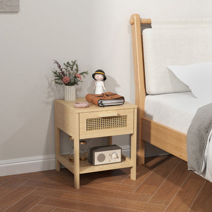 Bedside Table Side Table with Drawer, Shelf, Nightstand with Rattan Design Sofa Table for Bedroom, Living Room, Natural 15.7" x 15.7" x 19.1"