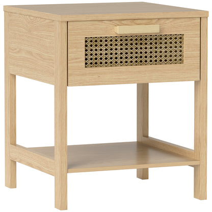 Bedside Table Side Table with Drawer, Shelf, Nightstand with Rattan Design Sofa Table for Bedroom, Living Room, Natural 15.7" x 15.7" x 19.1"