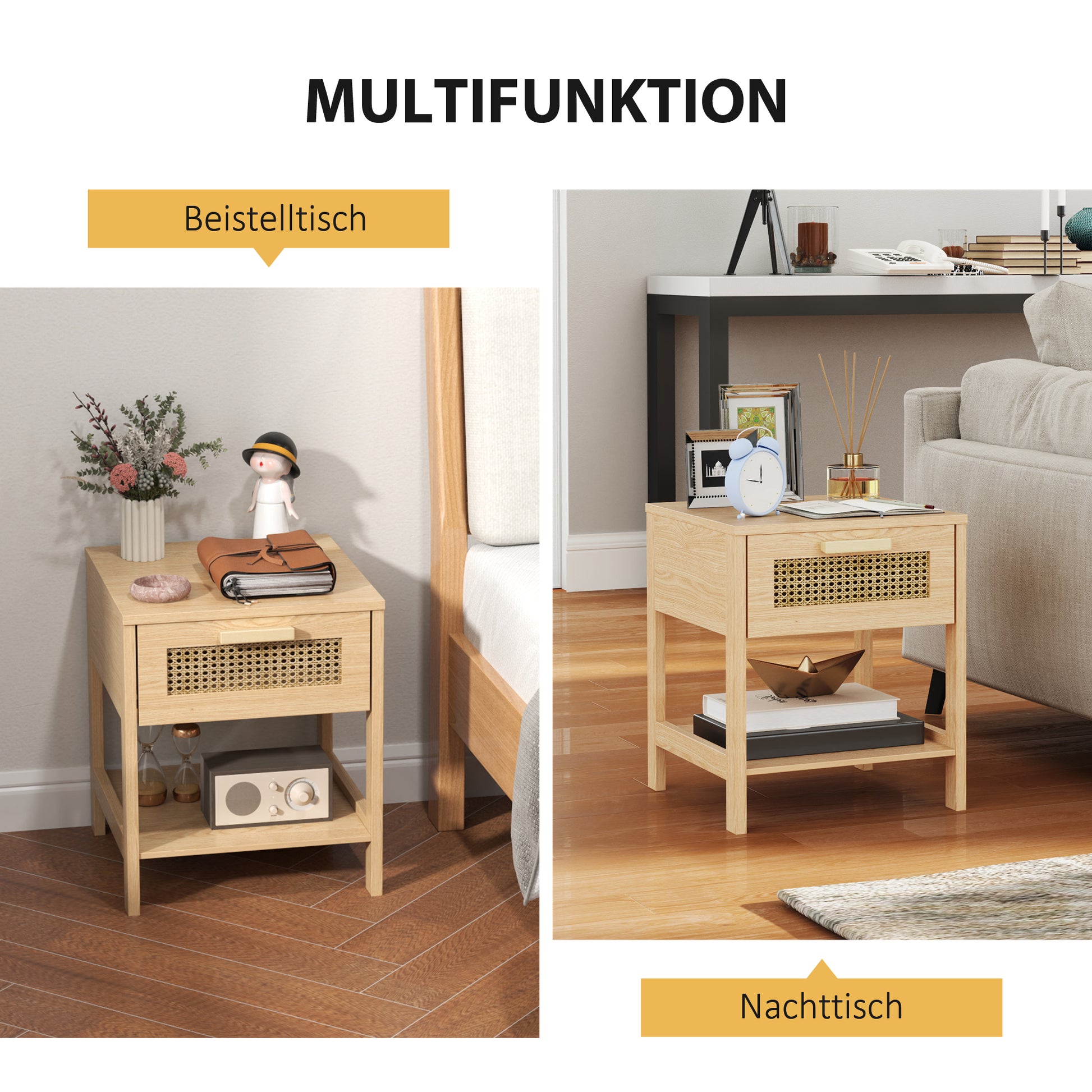 Bedside Table Side Table with Drawer, Shelf, Nightstand with Rattan Design Sofa Table for Bedroom, Living Room, Natural 15.7" x 15.7" x 19.1"