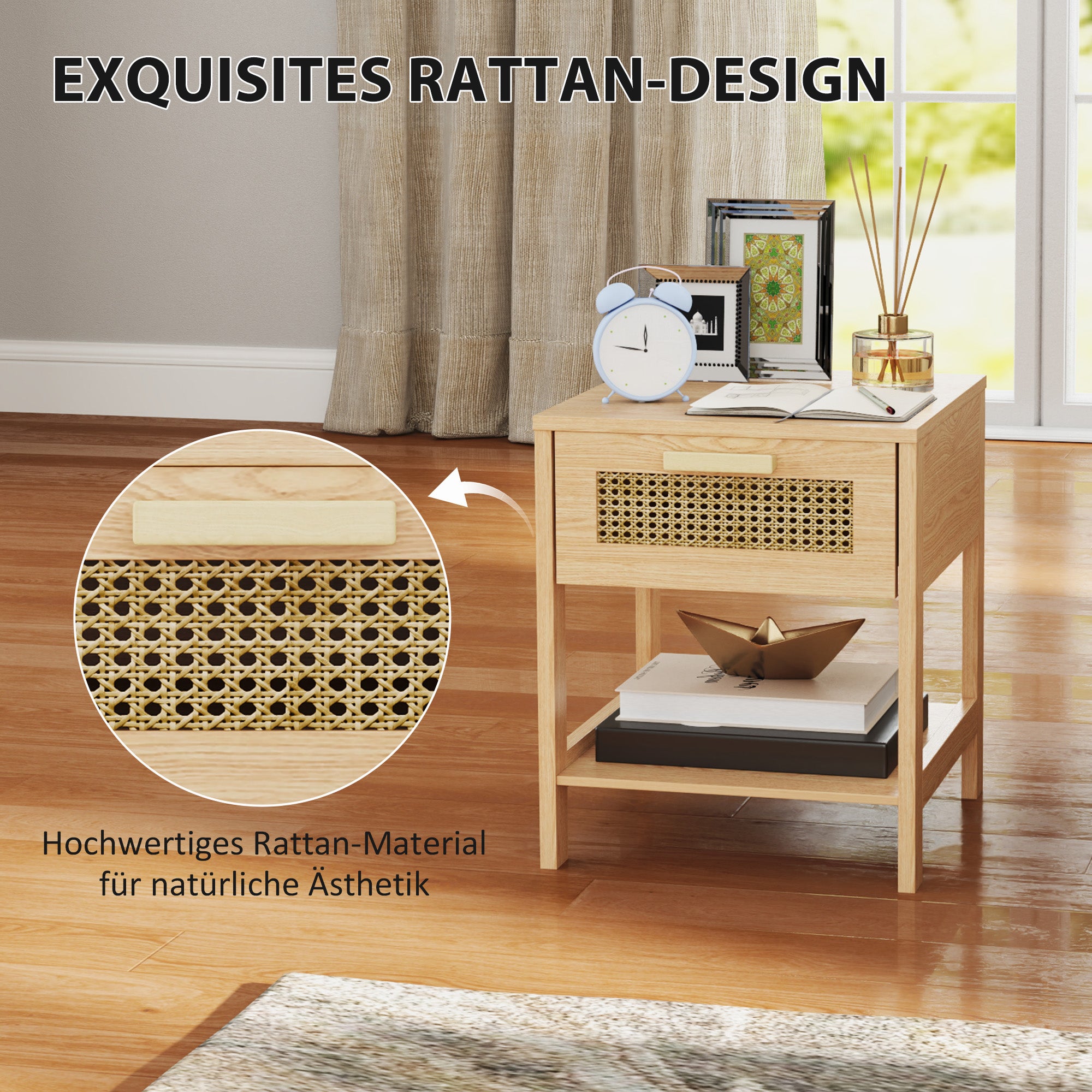 Bedside Table Side Table with Drawer, Shelf, Nightstand with Rattan Design Sofa Table for Bedroom, Living Room, Natural 15.7" x 15.7" x 19.1"