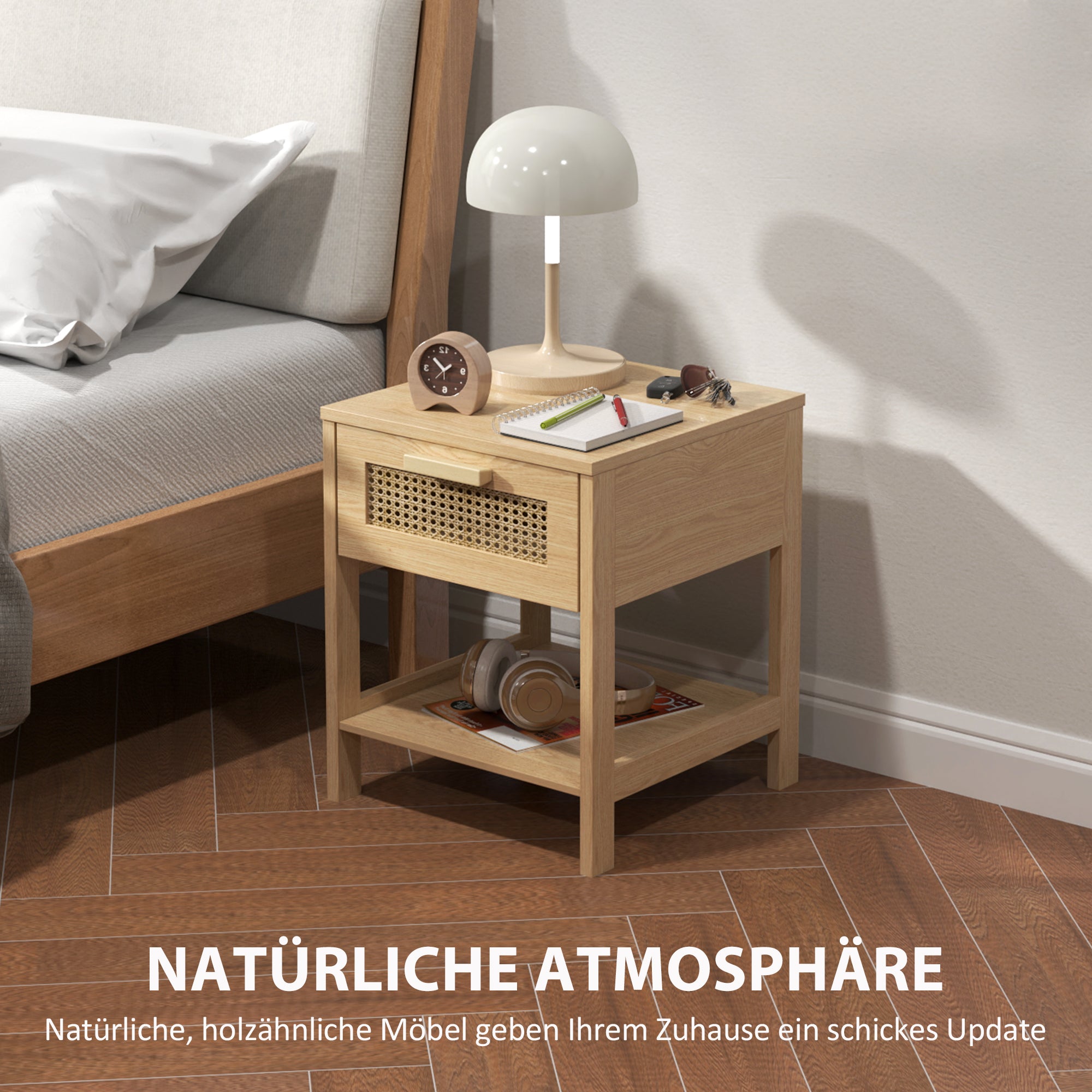 Bedside Table Side Table with Drawer, Shelf, Nightstand with Rattan Design Sofa Table for Bedroom, Living Room, Natural 15.7" x 15.7" x 19.1"
