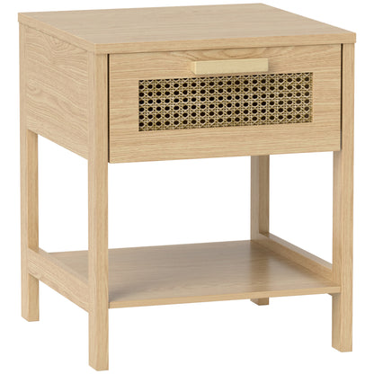 Bedside Table Side Table with Drawer, Shelf, Nightstand with Rattan Design Sofa Table for Bedroom, Living Room, Natural 15.7" x 15.7" x 19.1"