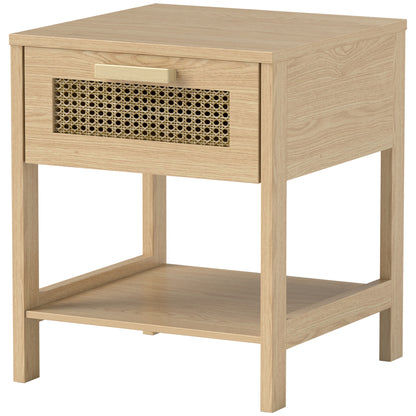 Bedside Table Side Table with Drawer, Shelf, Nightstand with Rattan Design Sofa Table for Bedroom, Living Room, Natural 15.7" x 15.7" x 19.1"