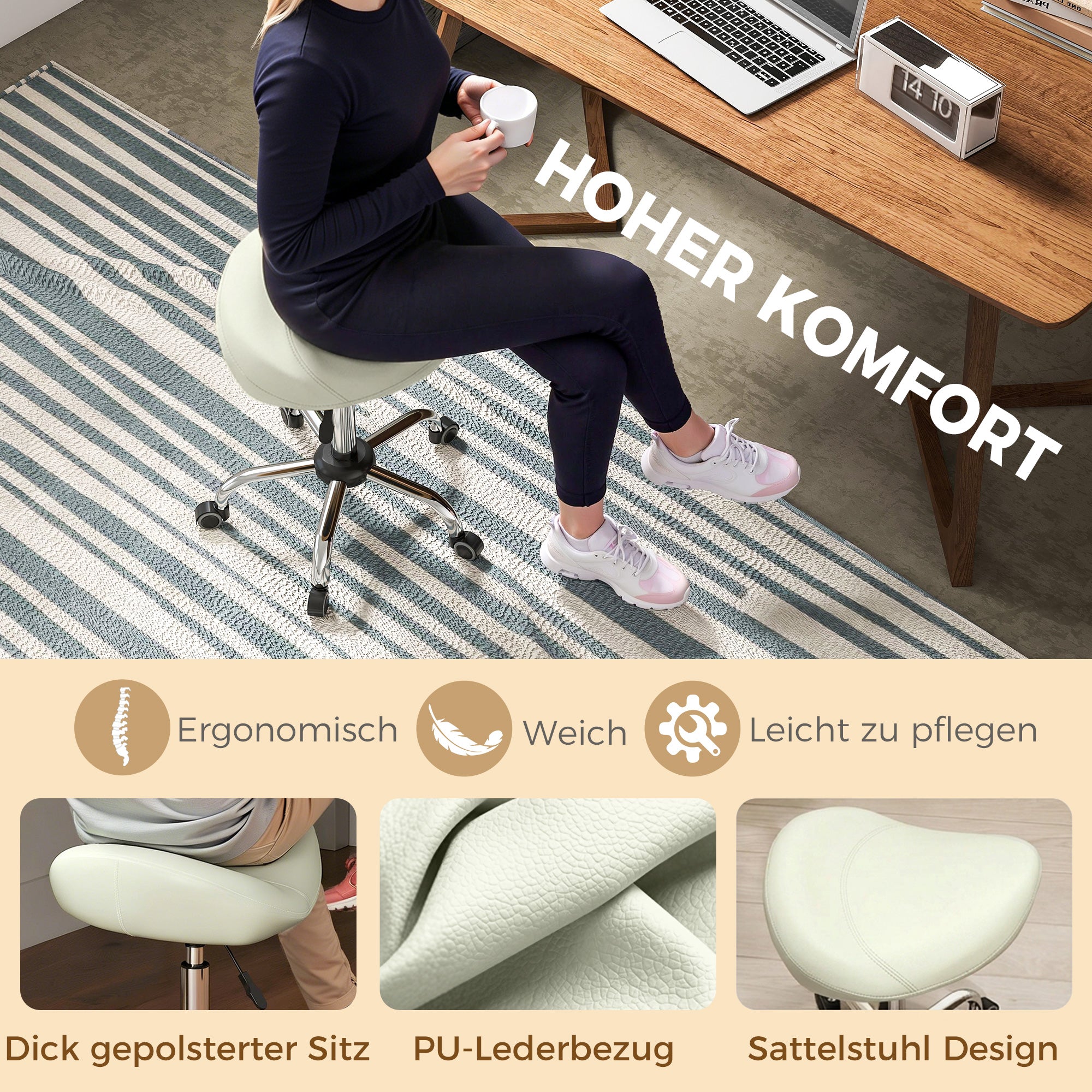 Height-Adjustable Rolling Stool 21.7–28.0 in, Swivel Saddle Seat with Thick Cushion, 360° Office/Salon Massage Spa Stool – Cream