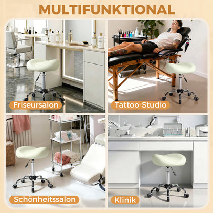 Height-Adjustable Rolling Stool 21.7–28.0 in, Swivel Saddle Seat with Thick Cushion, 360° Office/Salon Massage Spa Stool – Cream
