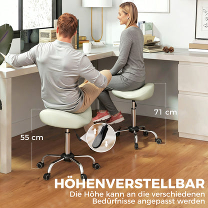 Height-Adjustable Rolling Stool 21.7–28.0 in, Swivel Saddle Seat with Thick Cushion, 360° Office/Salon Massage Spa Stool – Cream
