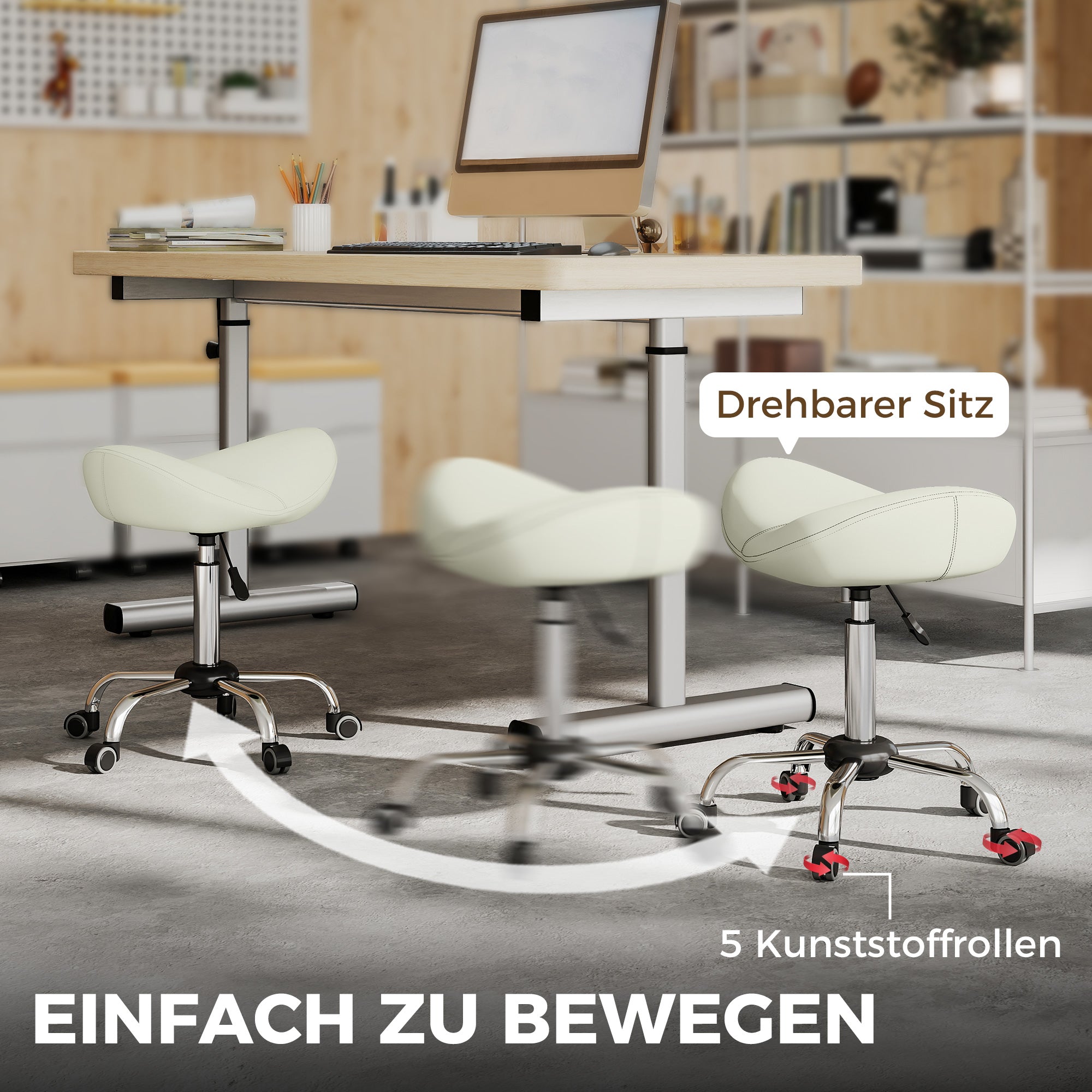 Height-Adjustable Rolling Stool 21.7–28.0 in, Swivel Saddle Seat with Thick Cushion, 360° Office/Salon Massage Spa Stool – Cream
