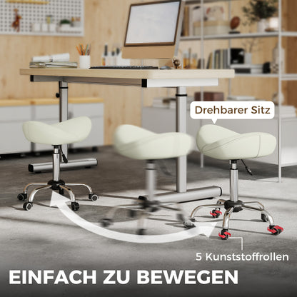 Height-Adjustable Rolling Stool 21.7–28.0 in, Swivel Saddle Seat with Thick Cushion, 360° Office/Salon Massage Spa Stool – Cream