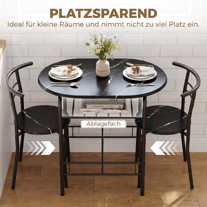 3-Piece Dining Set — 31.5" Kitchen Table with Two Chairs and Shelf, Ideal for Small Spaces, Apartment, Living/Dining Room, Black Marble Finish