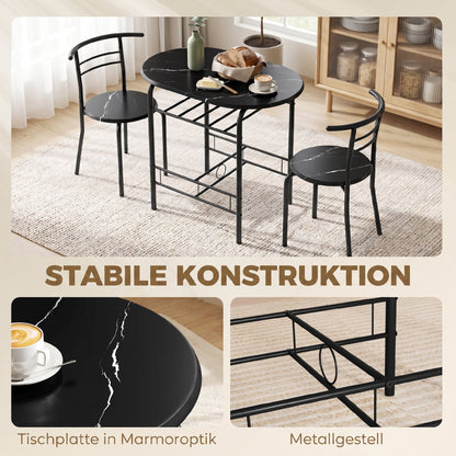 3-Piece Dining Set — 31.5" Kitchen Table with Two Chairs and Shelf, Ideal for Small Spaces, Apartment, Living/Dining Room, Black Marble Finish